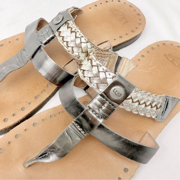 UGG Audra Metallic Silver Braid Leather Double Strap Thong Slide Boho Sandals - Picture 12 of 16